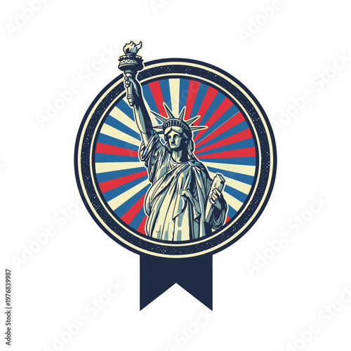 Iconic statue of liberty holding torch inside a vibrant circular badge