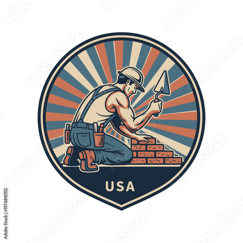 Vintage illustration of a bricklayer working in the usa