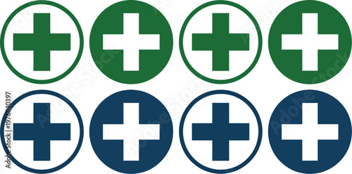 Medical cross icon set, black and white vector icons of healthcare plus symbols representing first aid emergency response hospital signage and pharmacy branding.