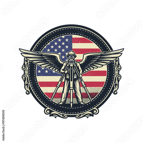 Military emblem featuring soldier with wings and flags of united states and spain