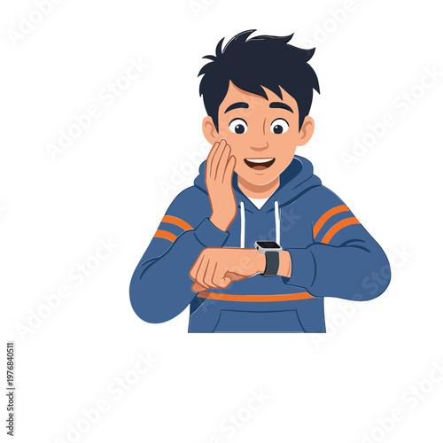 A young man wearing a blue hoodie with orange stripes looks surprised at his watch.