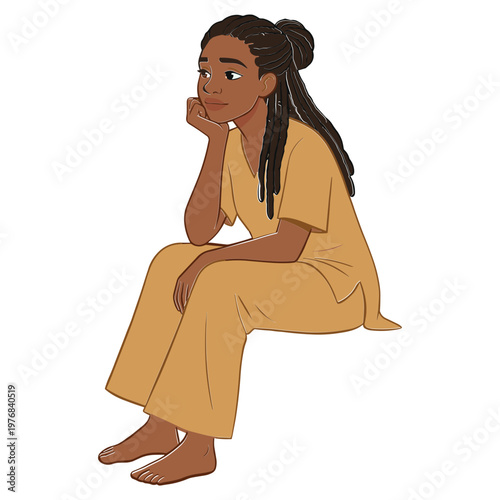 Woman sits alone lost in thought on a seat indoors.