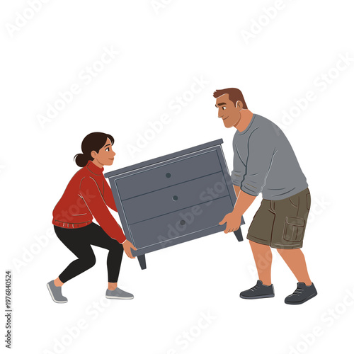 Man and woman moving furniture together indoors with effort
