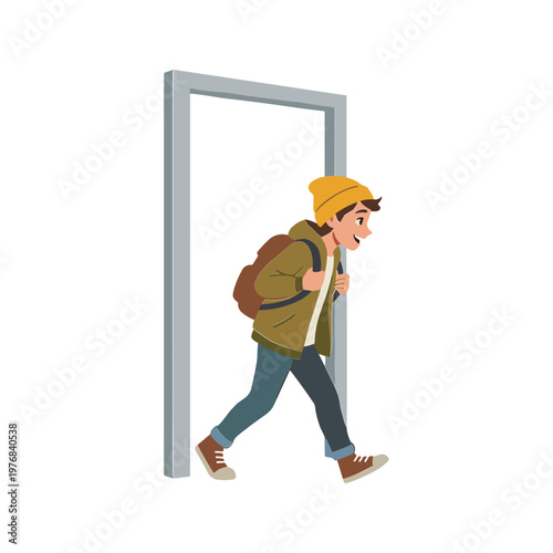 Man wearing yellow beanie and backpack stepping through large gray frame