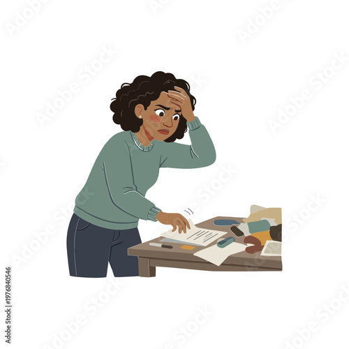 A frustrated woman with her hand on her forehead looks stressed while standing at a cluttered desk with books and papers.