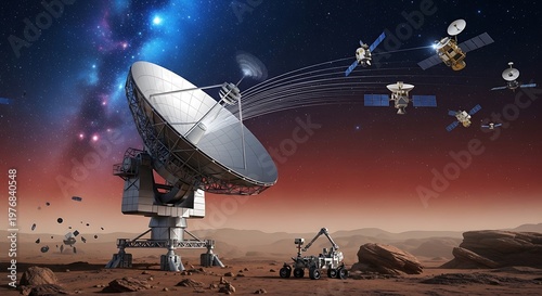 Satellite communication system on Mars with robotic rover and antennae on red planet surface