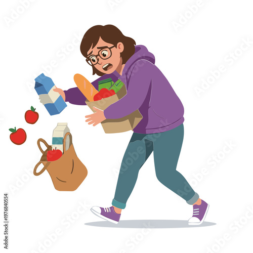 Woman hurries with milk bottles, bread, vegetables, and fruits in her hands and bags.