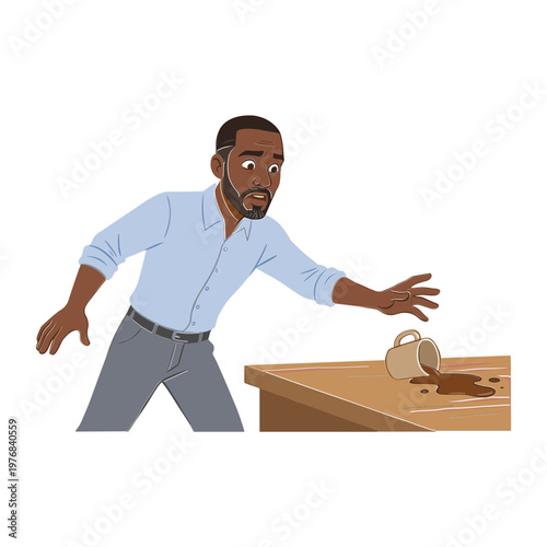 Man reacts quickly to catch falling coffee mug on wooden table