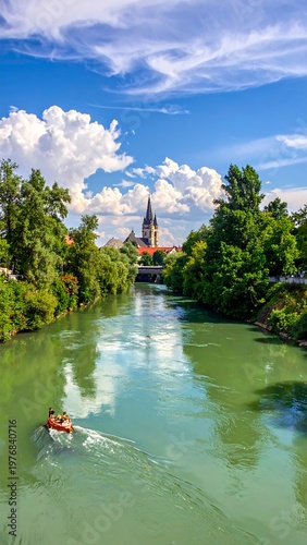A serene river scene with a boat and lush greenery