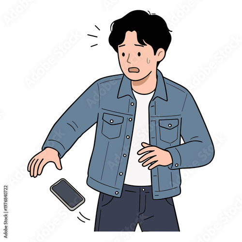 Man drops phone with shocked expression in casual outfit indoors