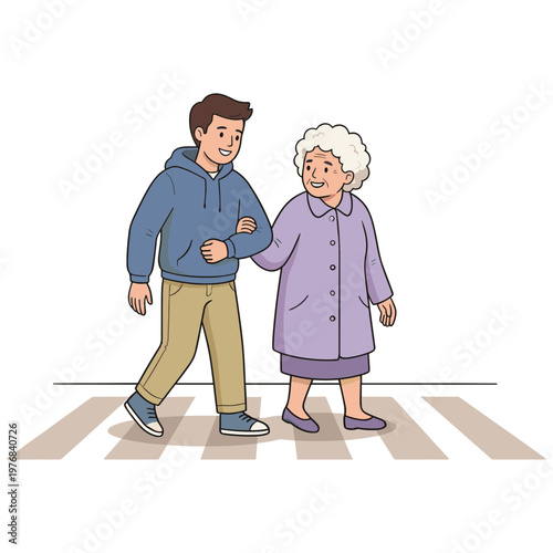 A young man assists an elderly woman crossing a street on a crosswalk.