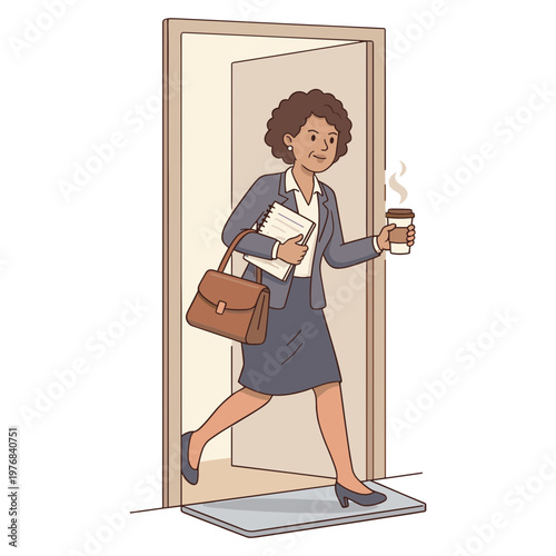 Businesswoman walks through doorway with coffee and papers in hand quickly