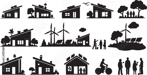 Sustainable eco house silhouettes set, modern green energy homes with solar panels and wind turbines, renewable living vector icons for environment