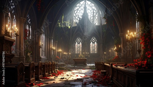 A serene, ornate church interior with rose petals on the floor