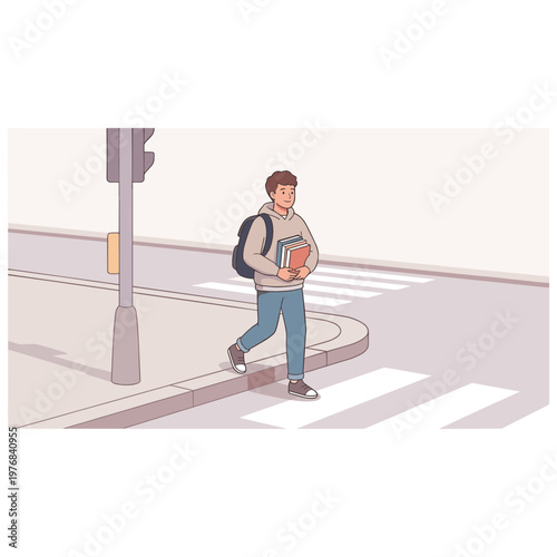 A man wearing a backpack crosses the street with a book