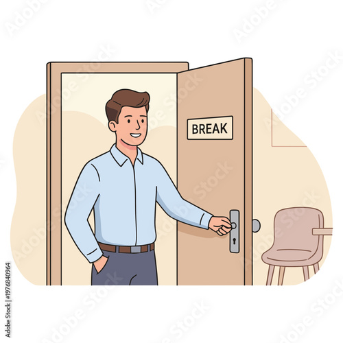 Man entering break room with door open and chair inside office