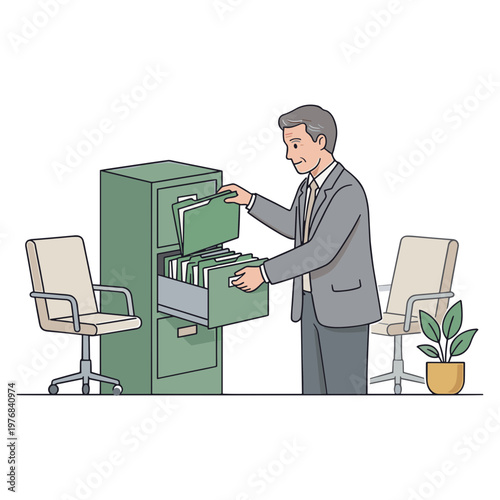 Man in business suit opening a green filing cabinet drawer in an office.