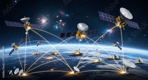 Satellites in orbit around Earth with solar panels and communication signals  technology and space exploration