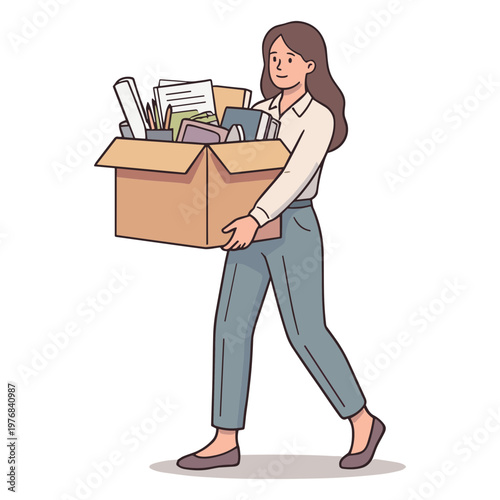 Woman carrying a large cardboard box filled with office supplies and papers
