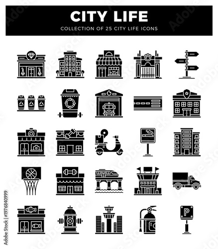 Black and white vector icons representing city life elements on a white background.