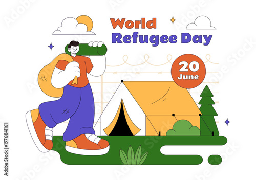 World Refugee Day Vector Illustration With Family Support, Shelter Tent, Helping Hands and Humanitarian Aid for Global Awareness Design