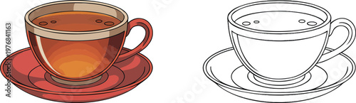 Teacup with saucer illustration & outline set isolated on transparent background