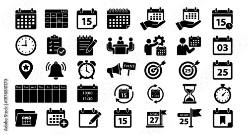 Business calendar and event planning icons set, 35 black vector symbols for schedule management, time tracking and appointment organization