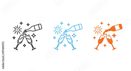 Champagne bottle pouring sparkling wine into two flutes for a festive celebration depicted as a modern vector illustration