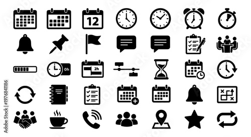 Minimalist time management icon set, 35 black vector symbols for business planning, calendar and clock icons for scheduling and productivity