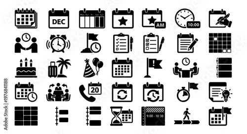 Calendar and time management icon set, 35 black vector symbols for scheduling and planning, business productivity and event organization elements