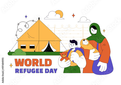 World Refugee Day Vector Illustration With Family Support, Shelter Tent, Helping Hands and Humanitarian Aid for Global Awareness Design