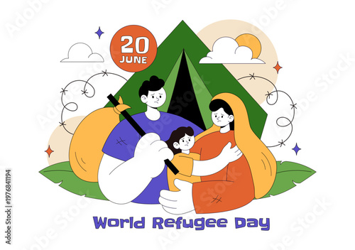 World Refugee Day Vector Illustration With Family Support, Shelter Tent, Helping Hands and Humanitarian Aid for Global Awareness Design