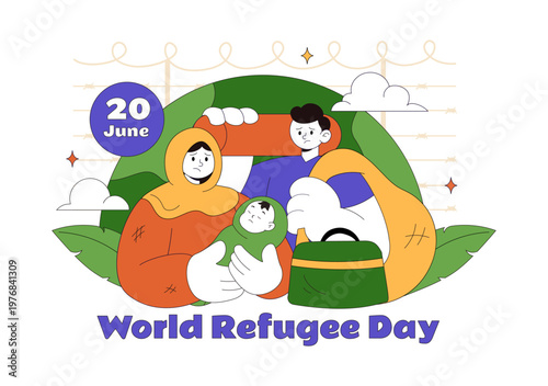 World Refugee Day Vector Illustration With Family Support, Shelter Tent, Helping Hands and Humanitarian Aid for Global Awareness Design
