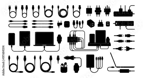 Electronic device charging cables and power adapter silhouettes, black tech accessories collection, USB cord and charger plug vector set