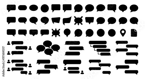 Black speech bubble icons set, messenger chat cloud silhouettes, communication message bubbles for mobile app interface, 70 vector elements