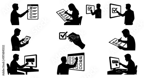 Business silhouette icons of people completing surveys and checklists, set of 10 vector elements, professionals marking check boxes on screens and paper