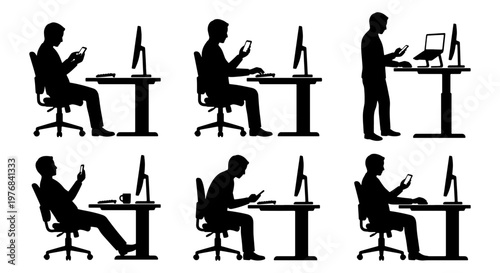Office worker silhouette set with 6 poses, businessman working at desk with computer and smartphone, ergonomic standing and sitting postures