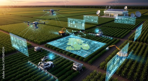 Smart agriculture technology with drones and digital screens in a field at sunset