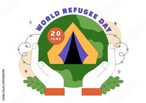 World Refugee Day Vector Illustration With Family Support, Shelter Tent, Helping Hands and Humanitarian Aid for Global Awareness Design