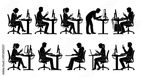 Office worker silhouettes set, business people working at desks with computers and smartphones, professional employee vector collection