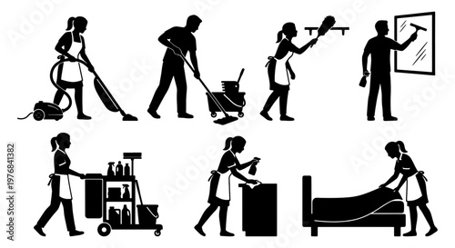 Professional cleaning service silhouettes, janitorial staff with equipment vector set, housekeeping and maid service icons for commercial maintenance