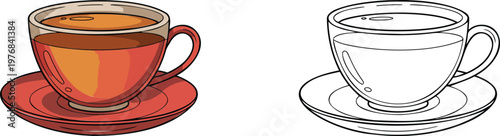 Teacup with saucer illustration & outline set isolated on transparent background