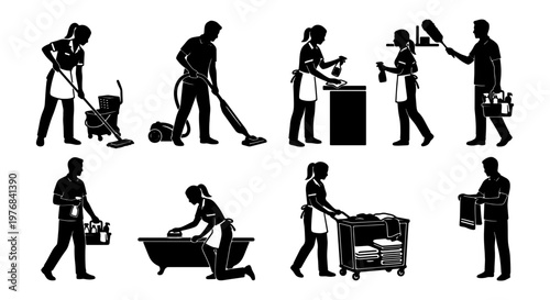 Professional cleaning service silhouettes, housekeeping staff and janitors set of 9 icons, domestic workers with vacuum and mop equipment