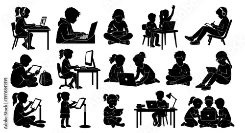 Children silhouette collection using technology, set of 15 student silhouettes with laptops and tablets, kids learning and studying with digital devices