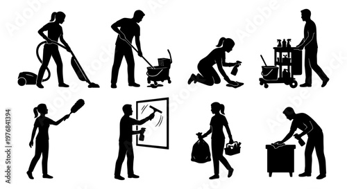 Professional cleaning service silhouettes, janitorial staff working with equipment, commercial housekeeping icons set, vector people cleaning