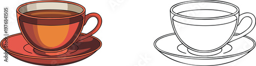 Teacup with saucer illustration & outline set isolated on transparent background