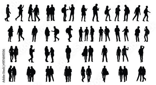 Comprehensive graphic illustration featuring numerous vector people silhouettes in various poses for design projects and architectural plans.