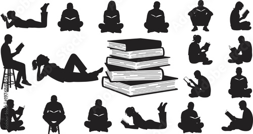 Silhouettes of People Reading Books in Different Poses, Group of Readers Sitting and Lying Down with Large Stack of Books