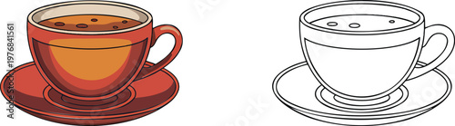Teacup with saucer illustration & outline set isolated on transparent background