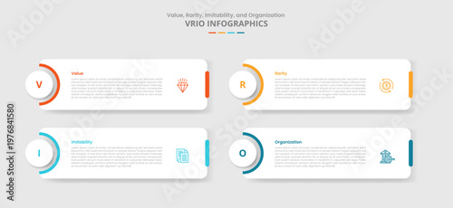 VRIO framework for infographic with drop shadow style with round box and circle badge on left cutting shape with 4 point list information